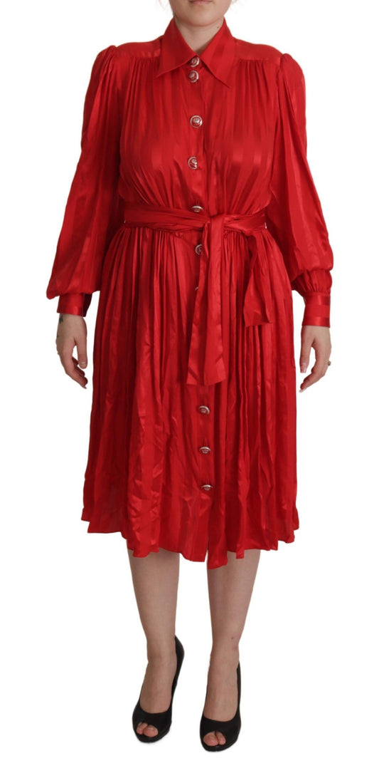 Dolce & Gabbana Red Button Down Belted Midi Satin Silk Dress