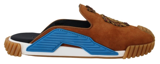 Dolce & Gabbana Beige Suede Crystal Slides Sandals Flats NS1 Shoes
