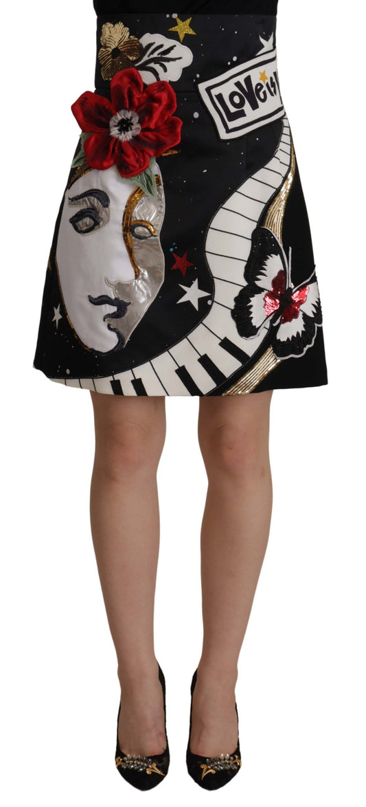 Dolce & Gabbana Black Love Clock Sequined Piano Skirt