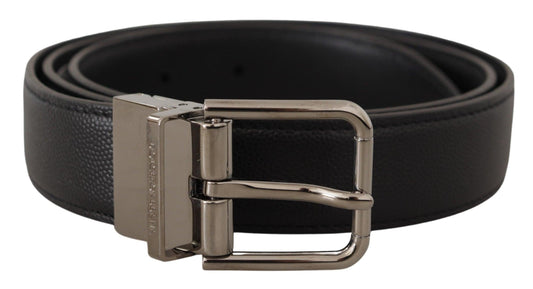 Dolce & Gabbana Black Calf Leather Logo Engraved Metal Buckle Belt