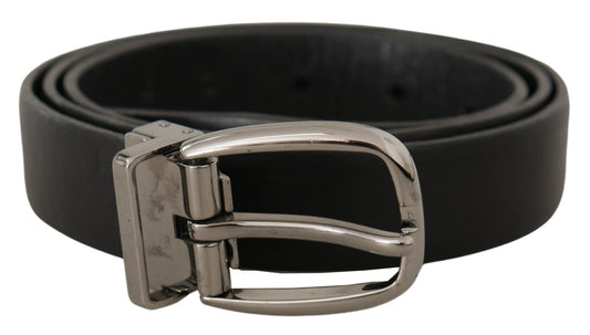Dolce & Gabbana Black Leather Chrome Logo Metal Buckle Belt